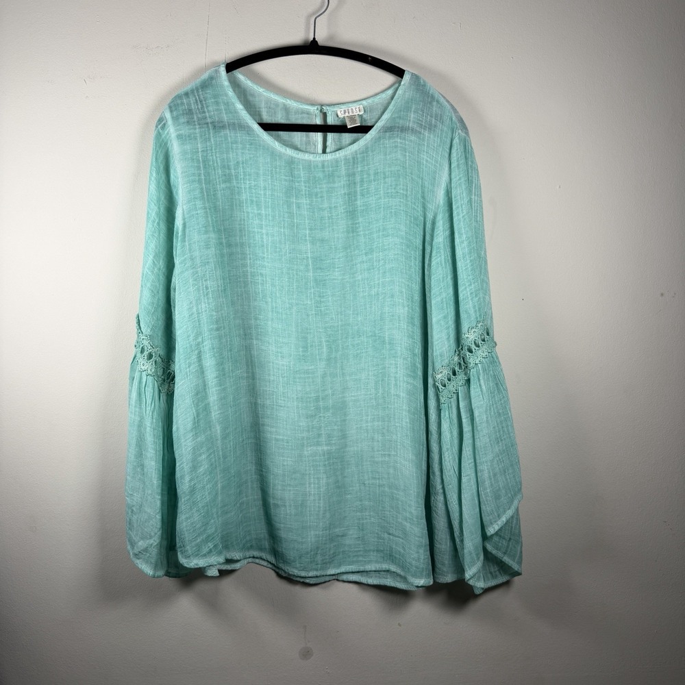SPENSE TUNIC BLOUSE ladies size XL faded mint green 3/4 sleeve‎ crochet trim